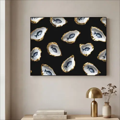 Oesters - Vissen - Blauw - Goud Textielframe - compleet frame klein -sfeer2