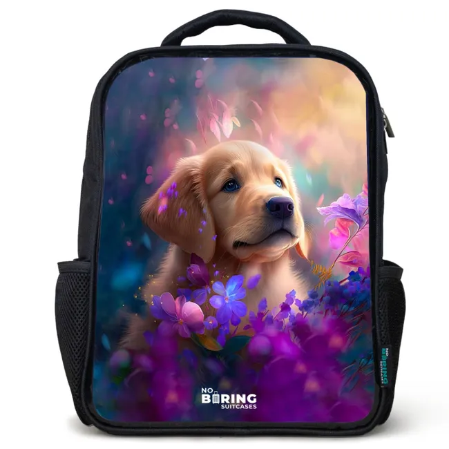 Kids' Backpacks Black -. Young dog among brightly colored flowers