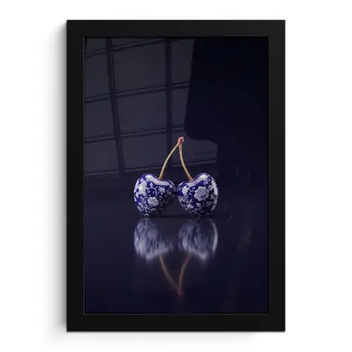 Porselein- Kersen - Delfts - Blauw fotolijst zwart zonder passe partout klein -3d