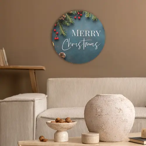 Merry Christmas - Blauw - Kerst - Winter Akoestische PET Vilt - Rond klein -sfeer1