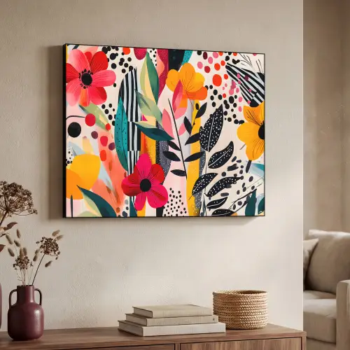 Bloemen - Bladeren - Abstract - Kleurrijk Textielframe zwart klein -sfeer3