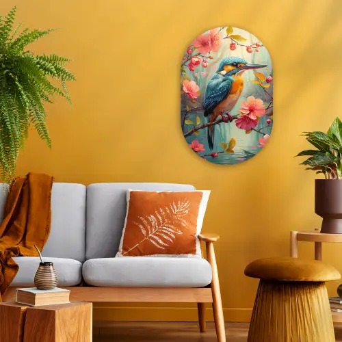 IJsvogel - Bloesem - Natuur - Vogels - Bloemen Wandcirkel Ovaal Forex klein -sfeer4
