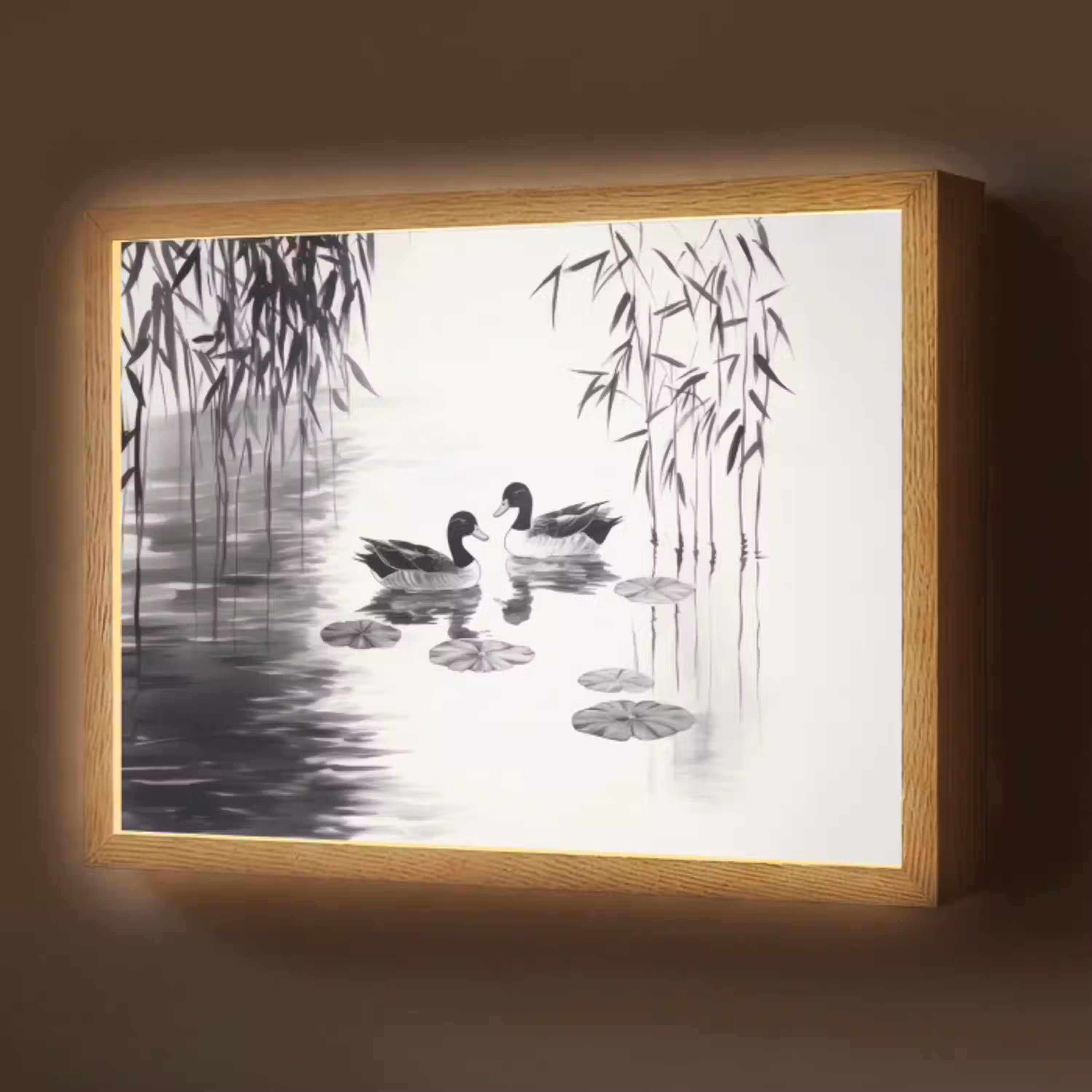 Eenden - Waterlelies - Riet - Zwart Light Box met batterij (Wandlamp) middel -z3d_website