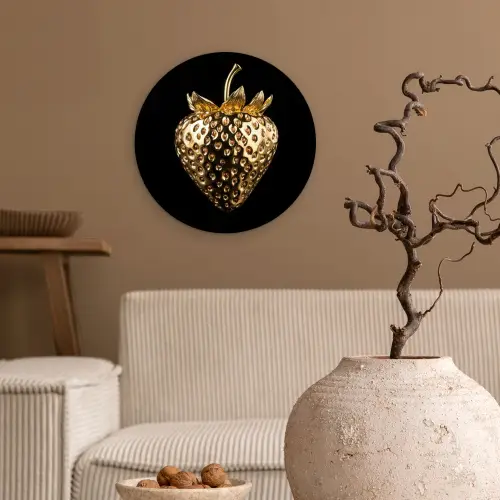 Aardbei - Goud - Zwart - Chrome Wandcirkel kunststof plaat 5mm dik klein -sfeer1