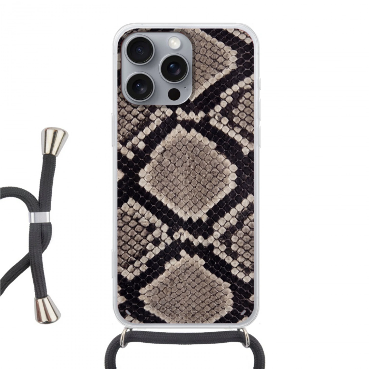 Slangenleer - Patroon - Beige Hoesje iPhone 16 Pro Max met koord klein -3d