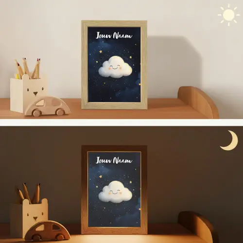 Wolkje - Gezichtje - Sterren - Donkerblauw Light Box met kabel (Kinderlampje) klein -sfeer3_kind