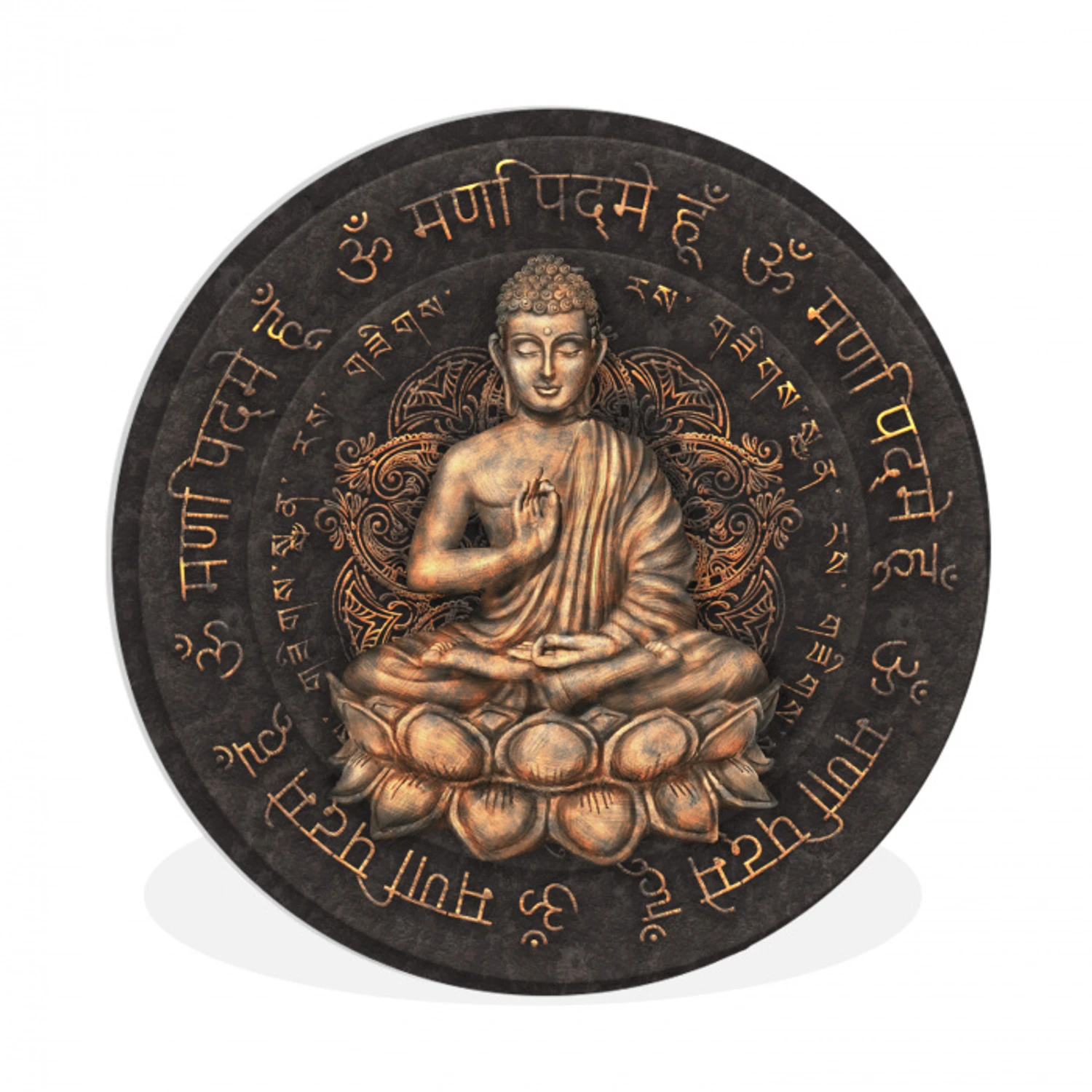 Boeddha - Mantra - Meditatie - Spiritueel - Koper Wandcirkel kunststof plaat 5mm dik klein -3d