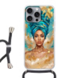 Portret - Vrouw - Schilderij - Blauw - Goud - Expressief Hoesje iPhone 16 Pro Max met koord klein -3d