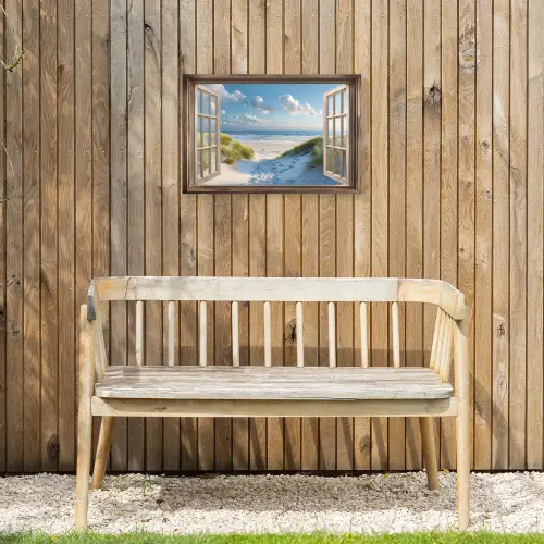 Doorkijk - Strand - Raam - Duinen - Zee Tuinposter op houten frame 2 cm dik klein -sfeer4