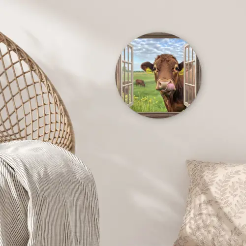 Doorkijk - Koe - Weiland - Landschap - Dieren Wandcirkel plexiglas klein -sfeer5