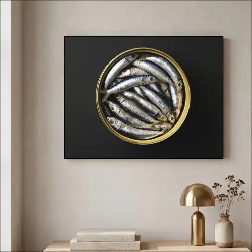 Sardines - Vissen - Rond - Zwart Textielframe - compleet frame klein -sfeer2