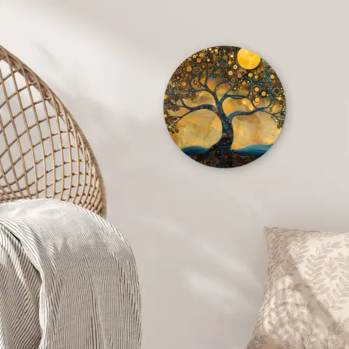 Boom - Maan - Bloemen - Goud - Kunst Wandcirkel kunststof plaat 5mm dik klein -sfeer5