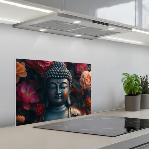 Boeddha - Bloemen - Buddha - Beeld - Kunst keuken achterwand spatscherm klein -3d_schuin