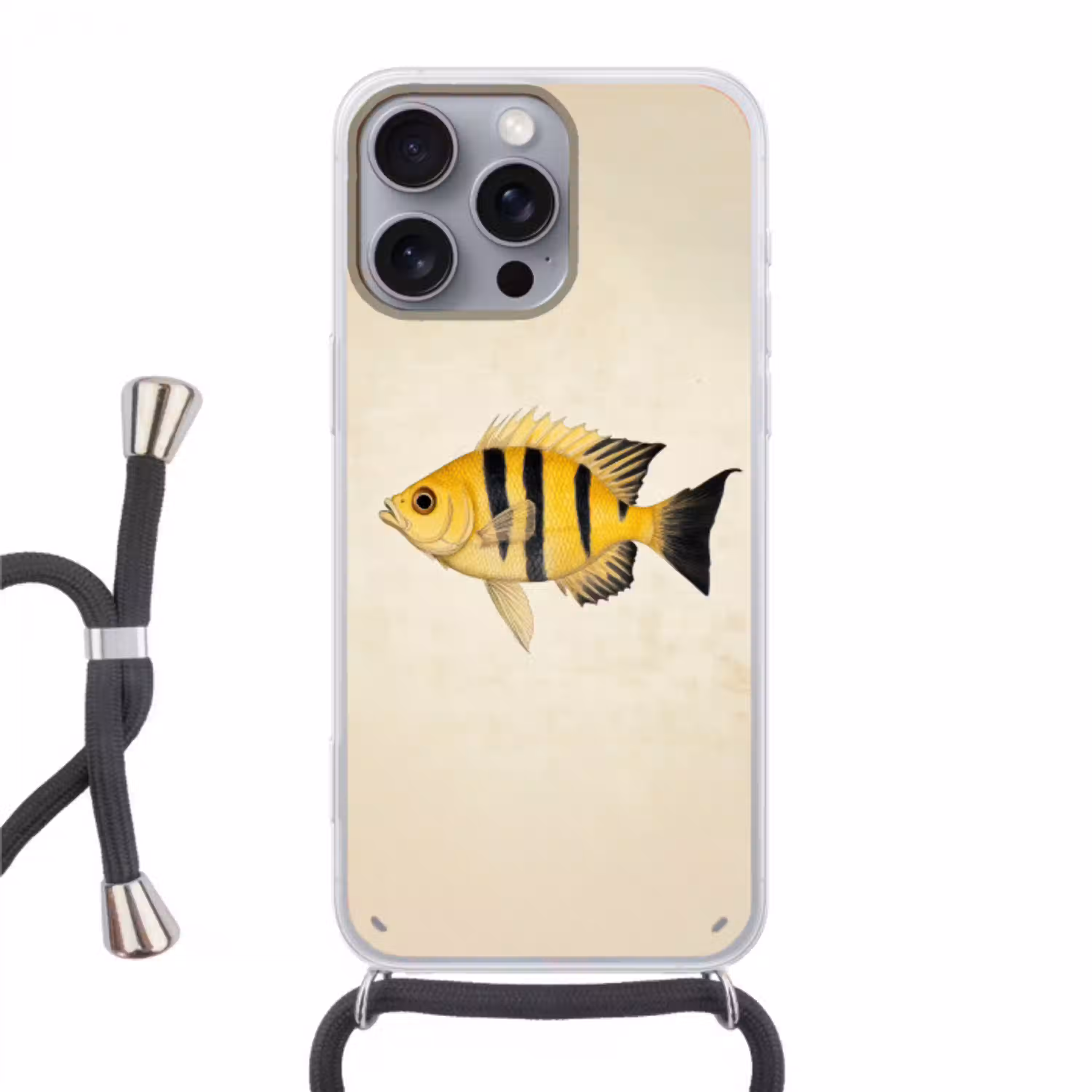 Geel - Vis - Strepen - Tropisch Hoesje iPhone 16 Pro Max met koord klein -3d