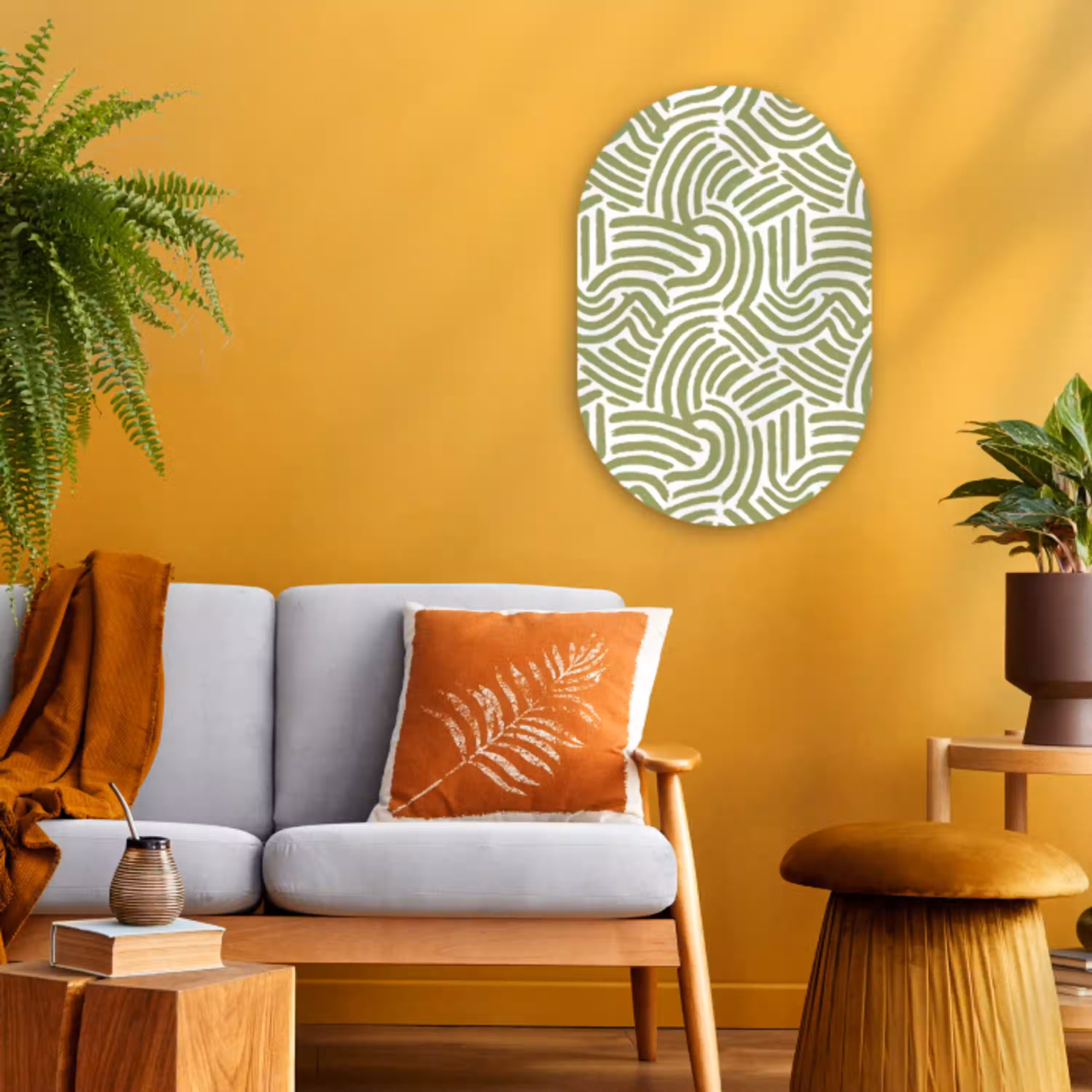 Saliegroen - Abstract - Bogen - Handgetekend - Patroon Wandcirkel Ovaal Forex klein 630 -sfeer4