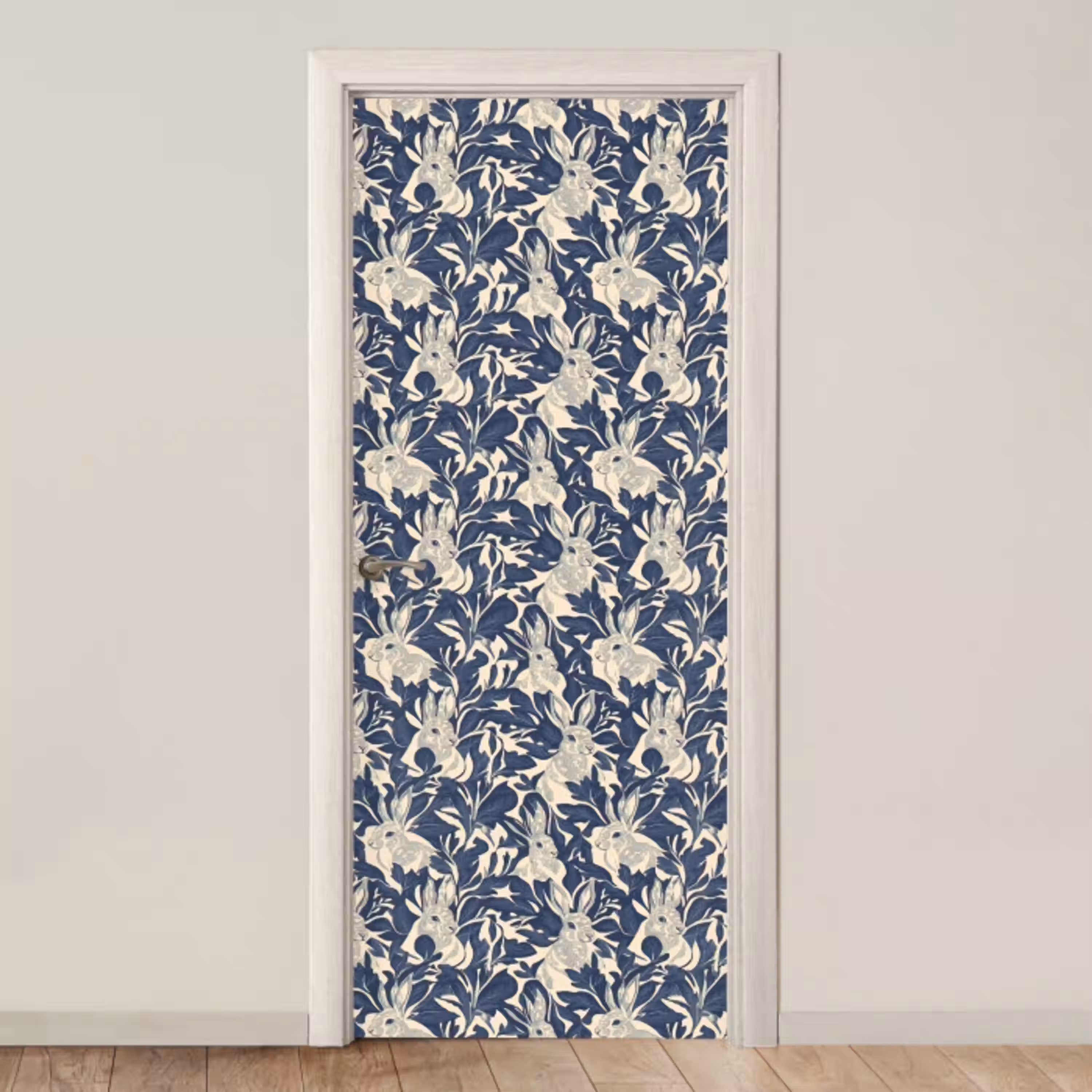Hazen - Bladeren - Patroon - Blauw - Beige deurposter klein 289 -3d_beige