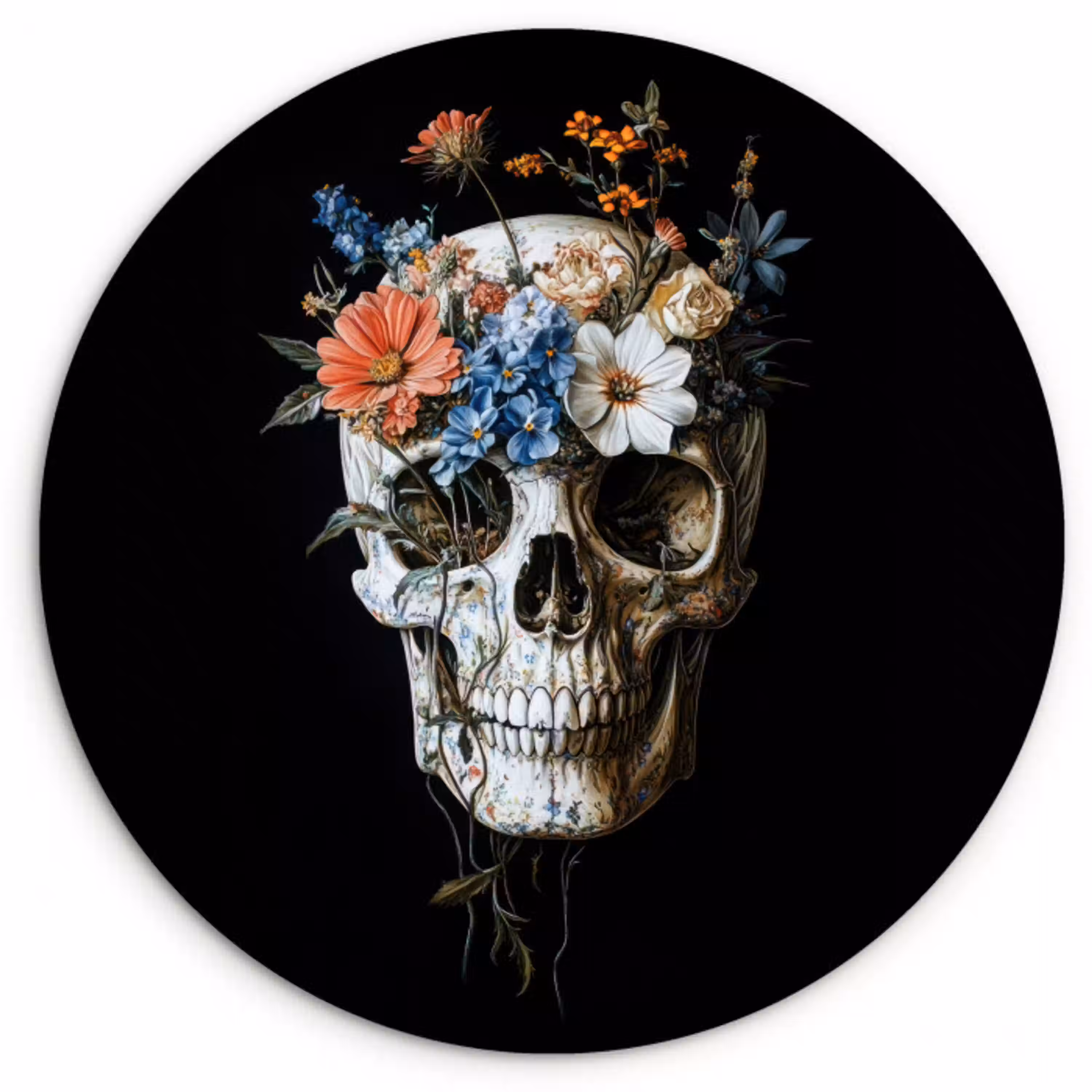 Bloemen - Schedel - Kleurrijk Wandcirkel kunststof plaat 5mm dik klein -3d