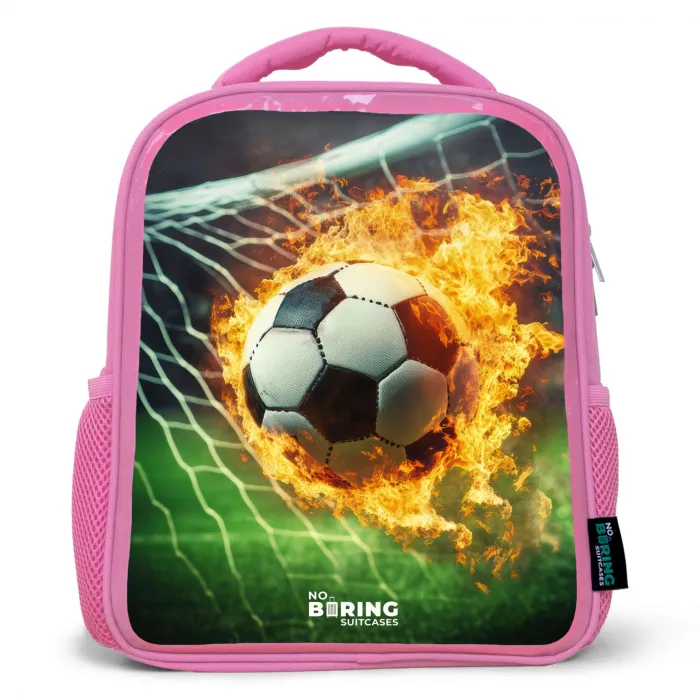 Vuurvoetbal in doelnet vastgelegd Kinderrugzak - Roze middel -3d