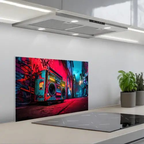 Boombox - Rood - Graffiti - Neon keuken achterwand spatscherm klein -3d_schuin