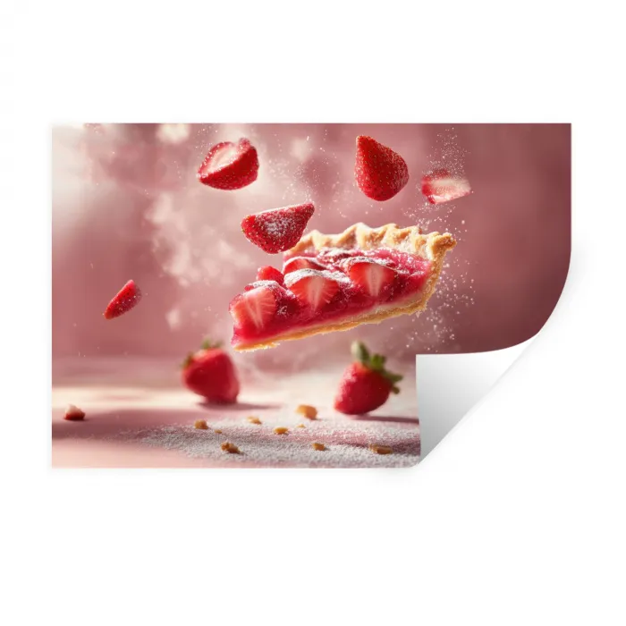 Aardbei - Taart- Eten - Roze Muursticker klein -3d
