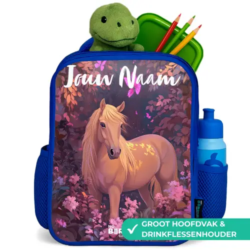 Paard - Bloemen - Paars - Vlinder Kinderrugzak - Blauw middel -inhoud_NL