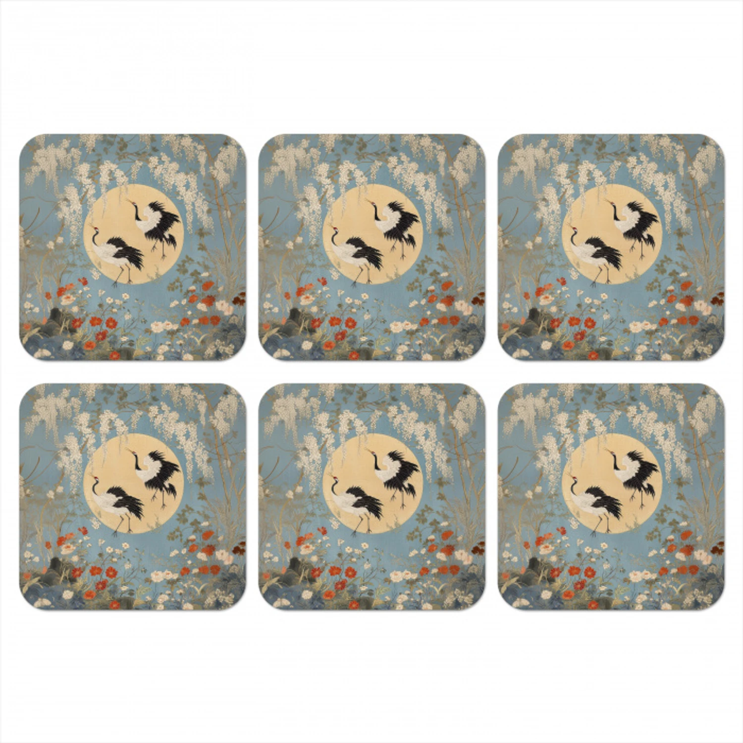 Kraanvogels - Maan - Bloemen - Blauw onderzetter kurk middel -3d