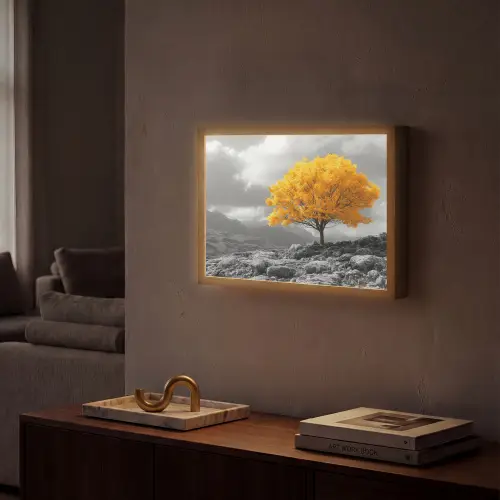 Boom - Geel - Natuur - Zwart wit Light Box met batterij (Wandlamp) middel -sfeer1