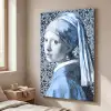 Meisje met de parel - Johannes Vermeer - Delfts blauw Textielframe zilver middel -sfeer3