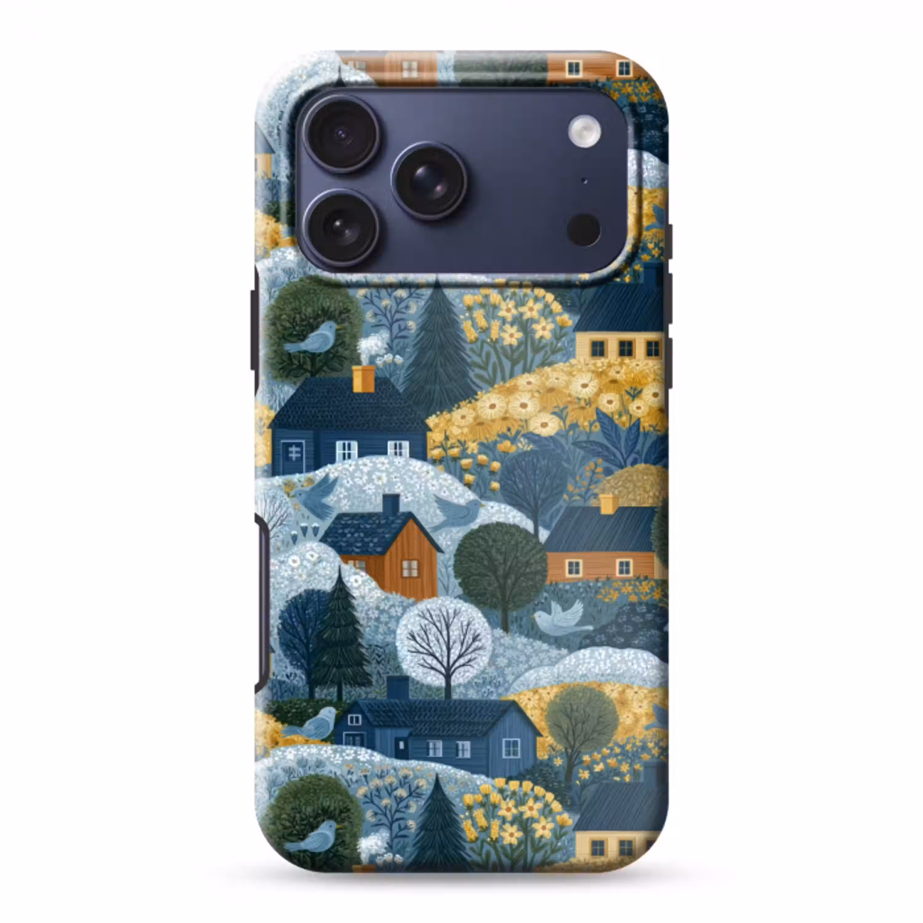 Huisjes - Bloemen - Patroon - Geel - Blauw Toughcase MagSafe Apple iPhone 17 Pro Max klein 1019 -3d