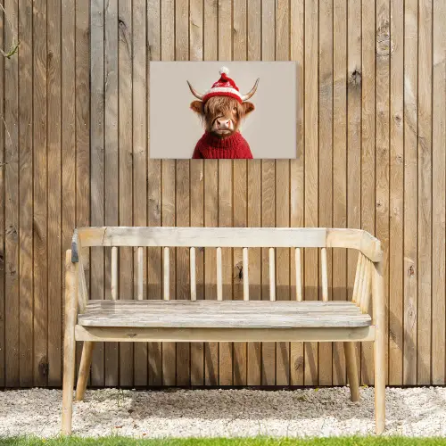 Schotse Hooglander - Kerst - Muts - Trui - Winter Tuinposter op houten frame 2 cm dik klein -sfeer4