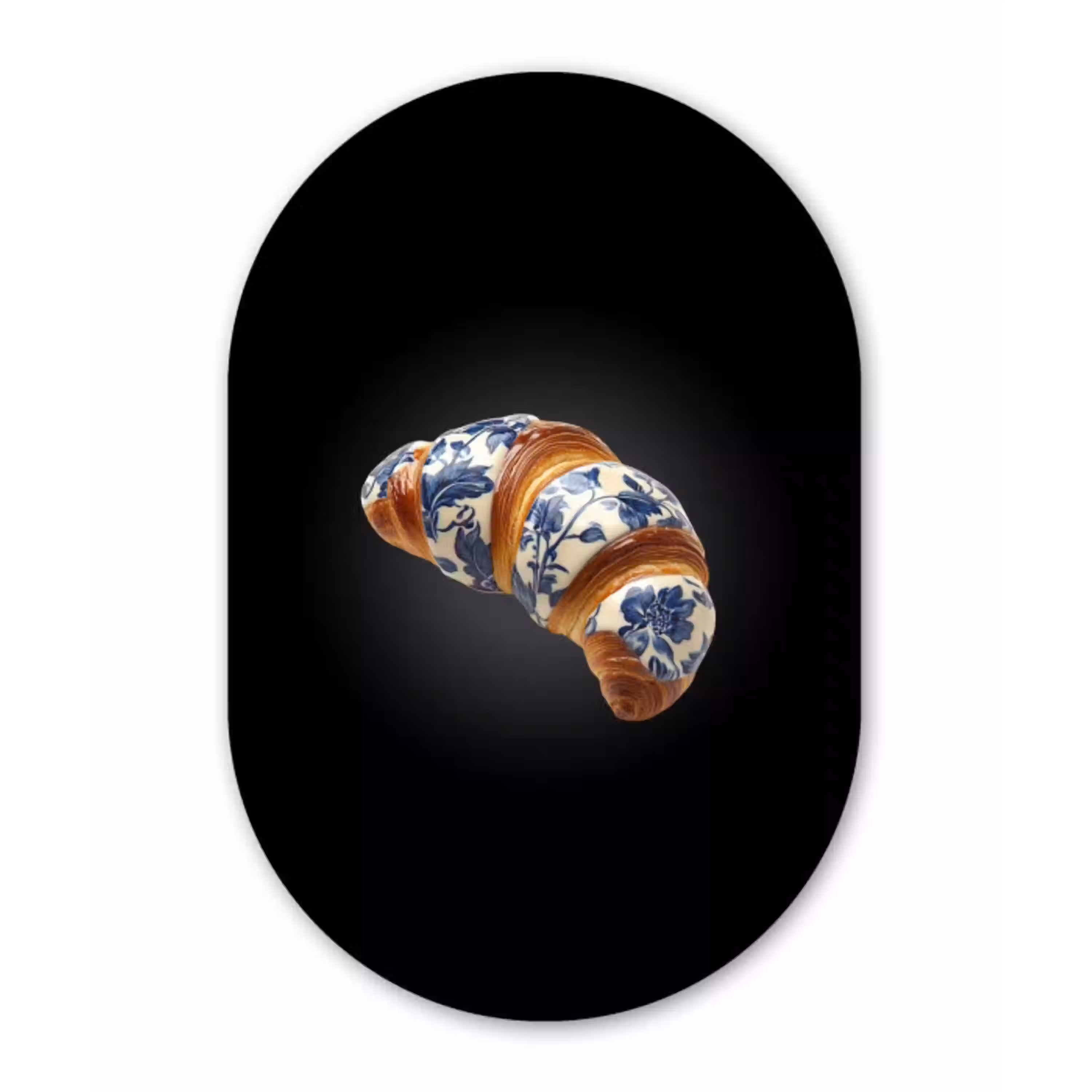 Croissant - Bloemenpatroon - Delftsblauw Wandcirkel Ovaal Glas middel -3d