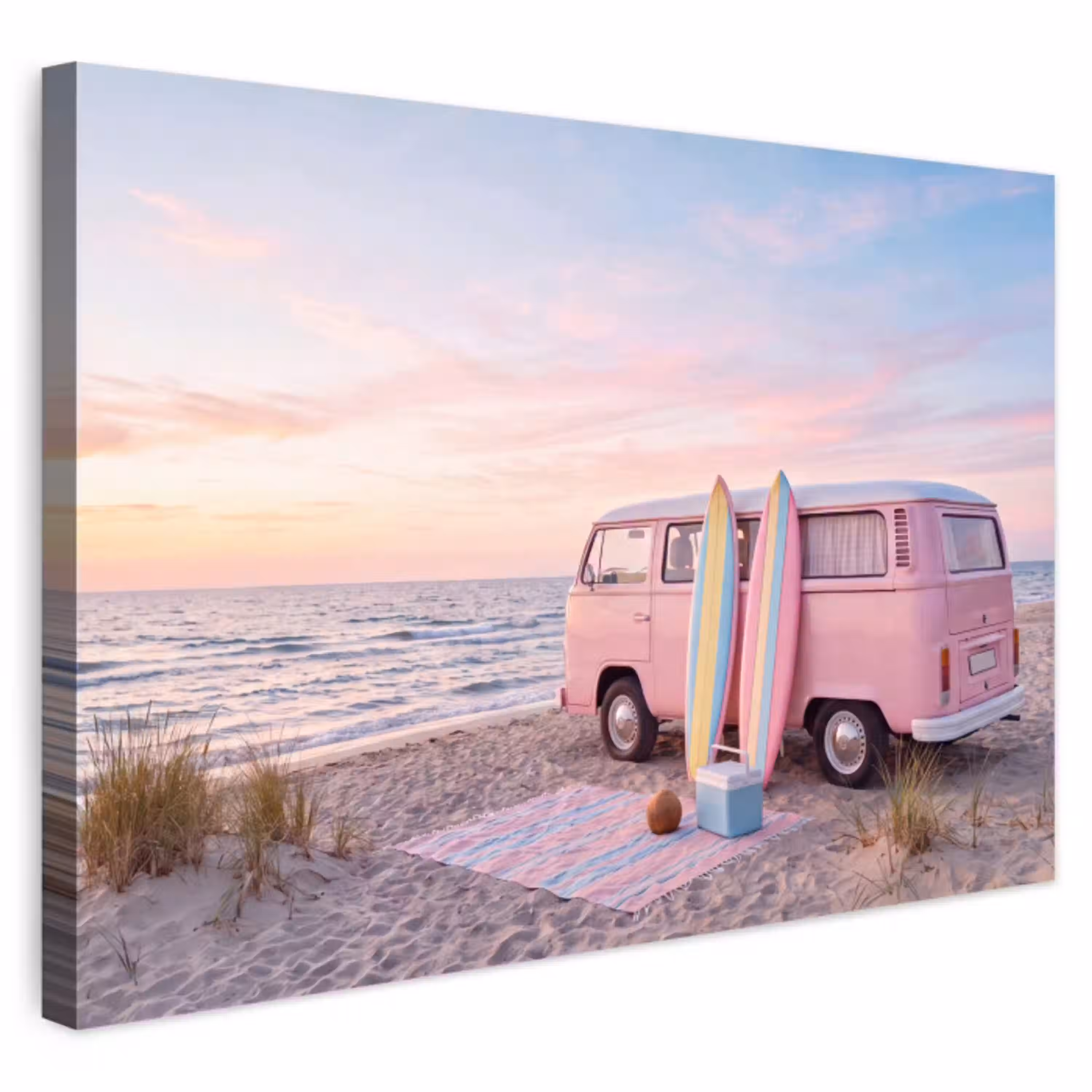 Busje - Strand - Surfplank - Zomer - Roze Tuinposter op houten frame 2 cm dik klein -3d