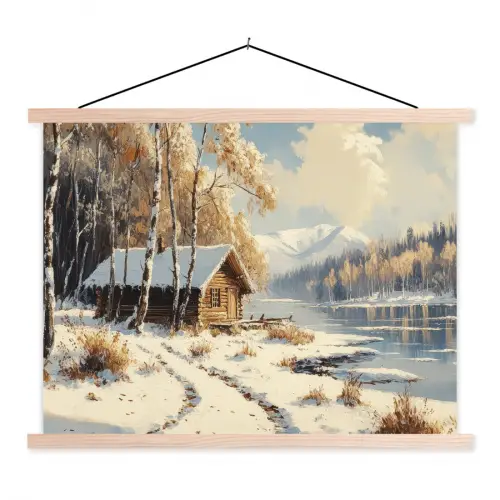 Winter - Sneeuw - Huis - Natuur textielposter latten blank klein -3d