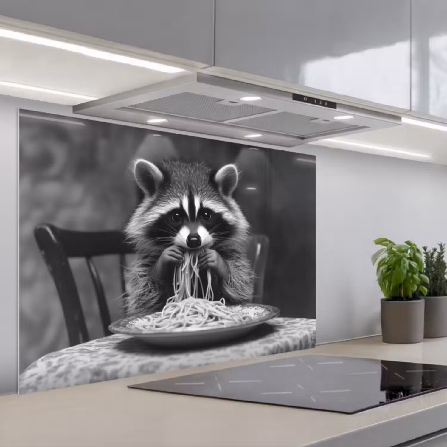 Spritzschutz Küche - Waschbär - Niedlich - Pasta - Tischtuch - Schwarz - Weiß