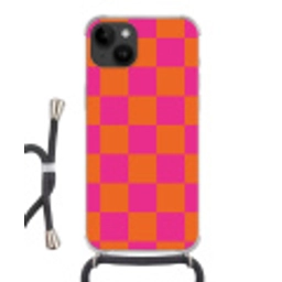 Schaakbord print - Oranje - Roze - Blokjes Crossbody Case iPhone 14 middel -3d