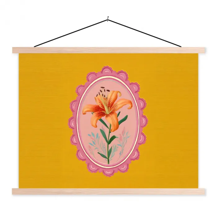 Lelie - Oranje - Lijst - Ovaal textielposter latten blank klein -3d