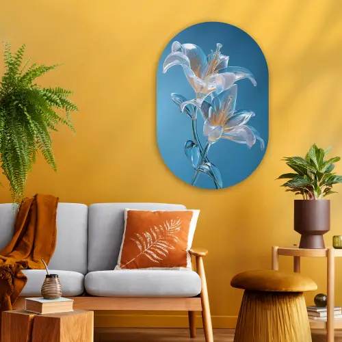 Lelies - Blauw - Glazen Wandcirkel Ovaal Glas middel -sfeer4