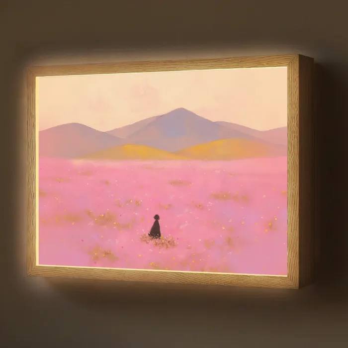 Bloemenweide - Heuvels - Silhouet - Roze Light Box met batterij (Wandlamp) middel -z3d_website