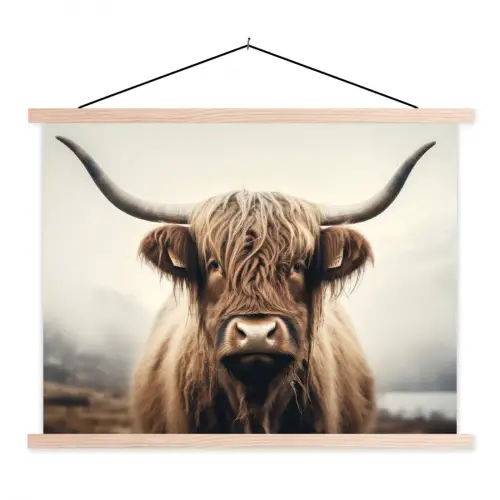 Schotse hooglander - Hoorns - Landschap textielposter latten blank klein -3d