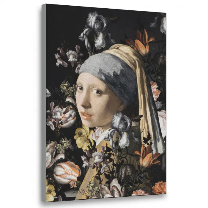 Meisje met de parel - Johannes Vermeer - Bloemen Textielframe zilver middel -3d