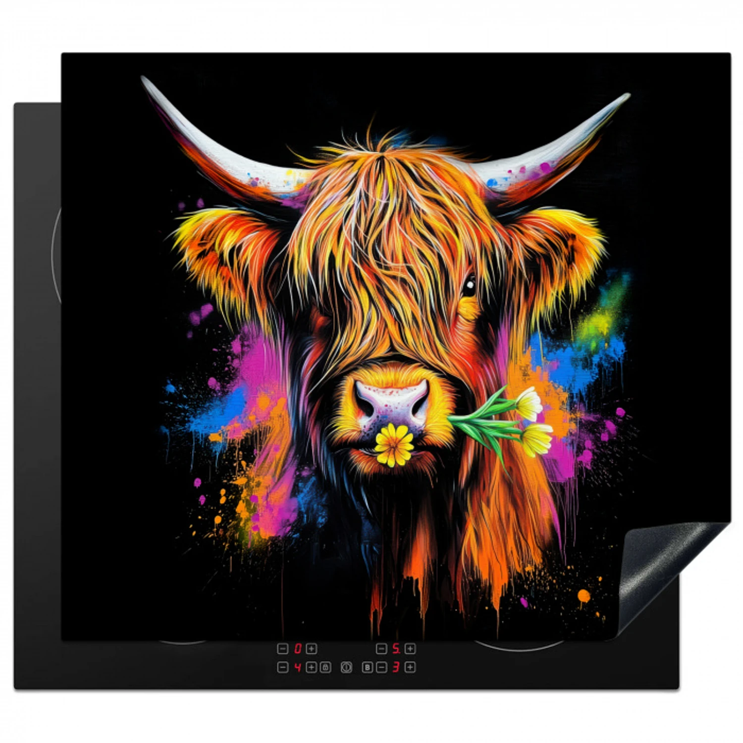 Schotse Hooglander - Graffiti - Kleurrijk - Bloem - Dieren Inductie beschermer vinyl 3mm middel -3d