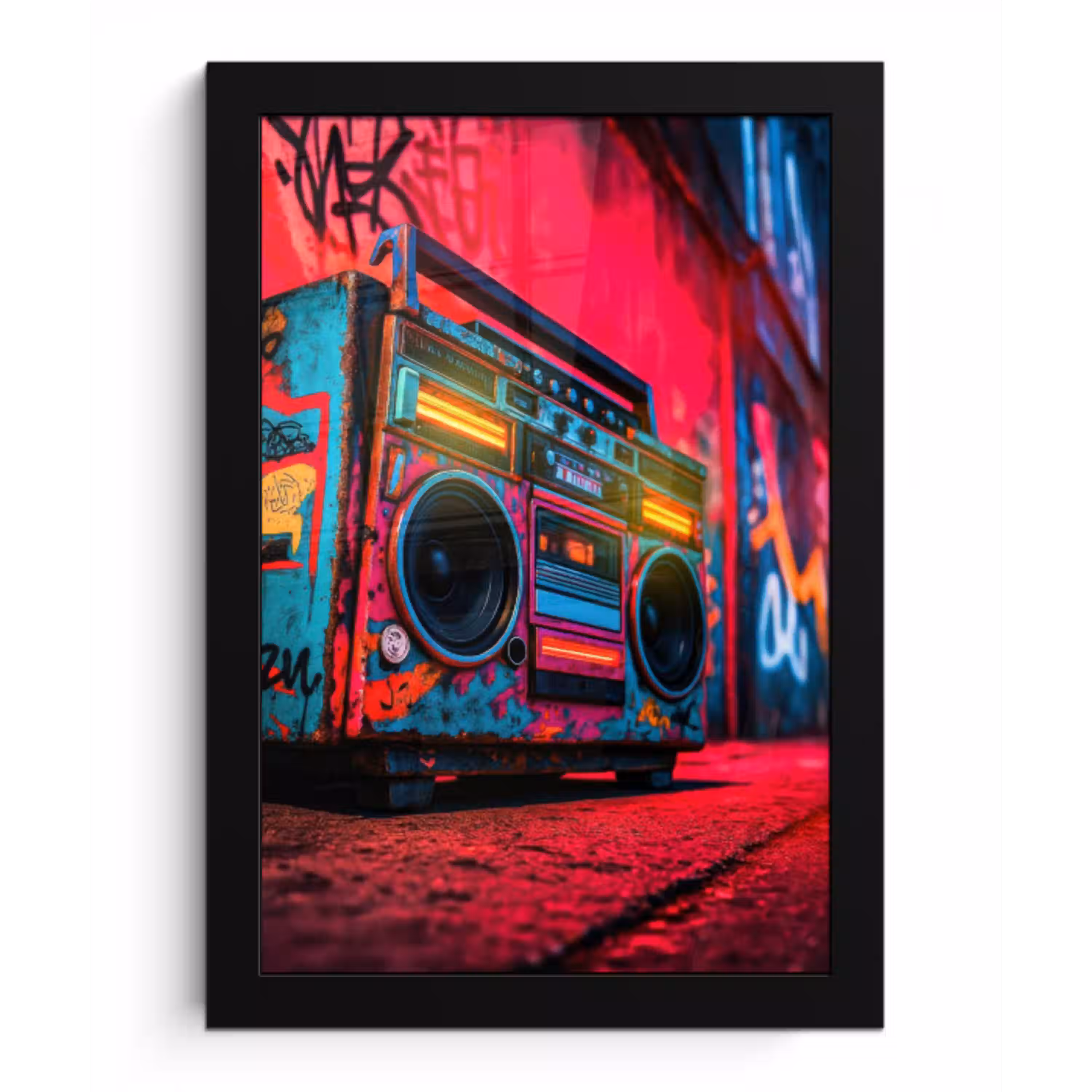 Boombox - Rood - Graffiti - Neon fotolijst zwart zonder passe partout klein -3d