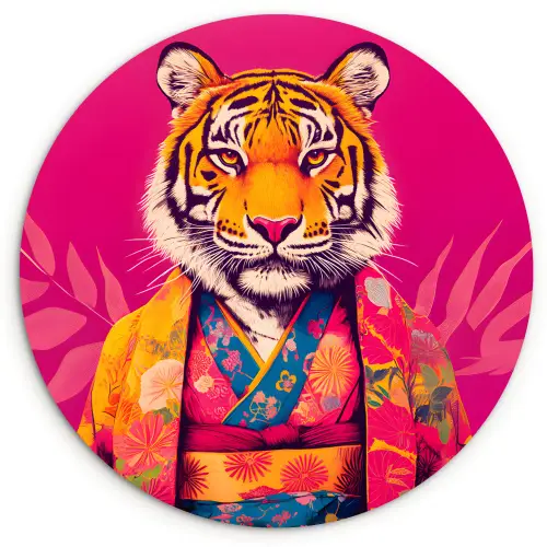Tijger - Kimono - Planten - Roze Wandcirkel kunststof plaat 5mm dik klein -3d