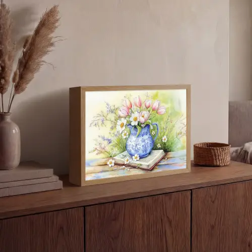 Vaas - Delftsblauw - Madeliefjes Light Box met batterij (Wandlamp) middel -sfeer2