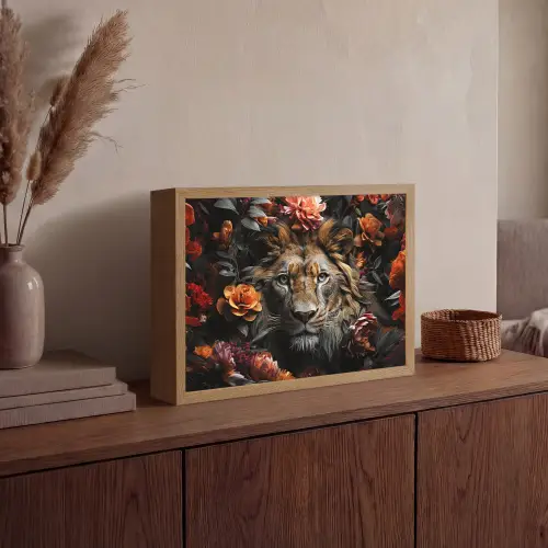Leeuw - Dier - Natuur - Bloemen - Botanisch Light Box met batterij (Wandlamp) middel -sfeer2
