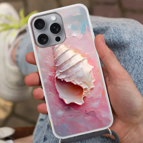 Schelp - Pastel - Pink Hoesje iPhone 16 Pro Max met koord klein -sfeer3