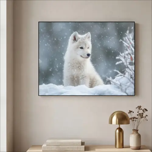 Wolf - Pup - Sneeuw Textielframe zwart klein -sfeer2