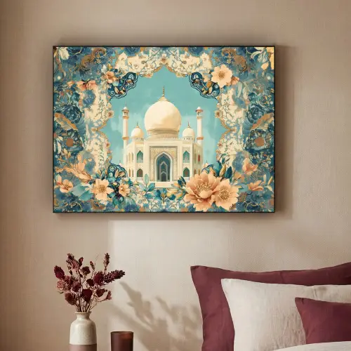 Taj Mahal - Ramadan - Bloemen - Islamitische Textielframe zwart klein -sfeer1