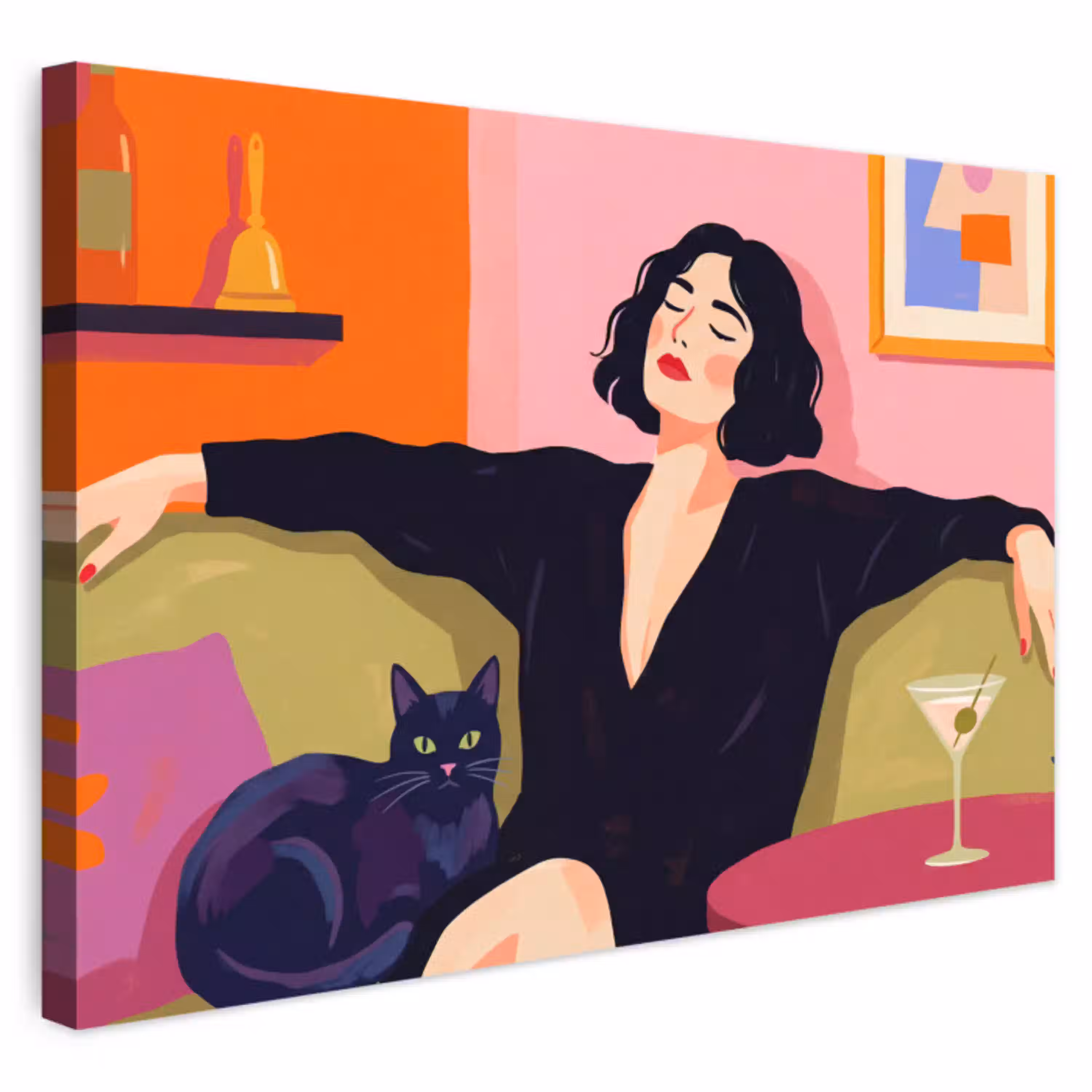 Vrouw - Kat - Interieur - Modern - Kleurrijk Tuinposter op houten frame 2 cm dik klein -3d