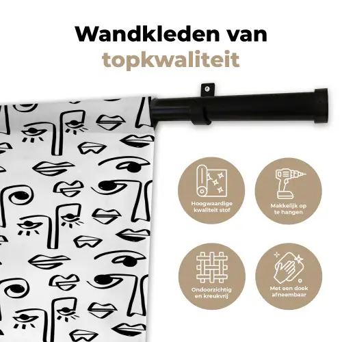 Gezicht - Zwart - Lijnen - Artistiek Wandkleed katoen klein 269 -sfeer2